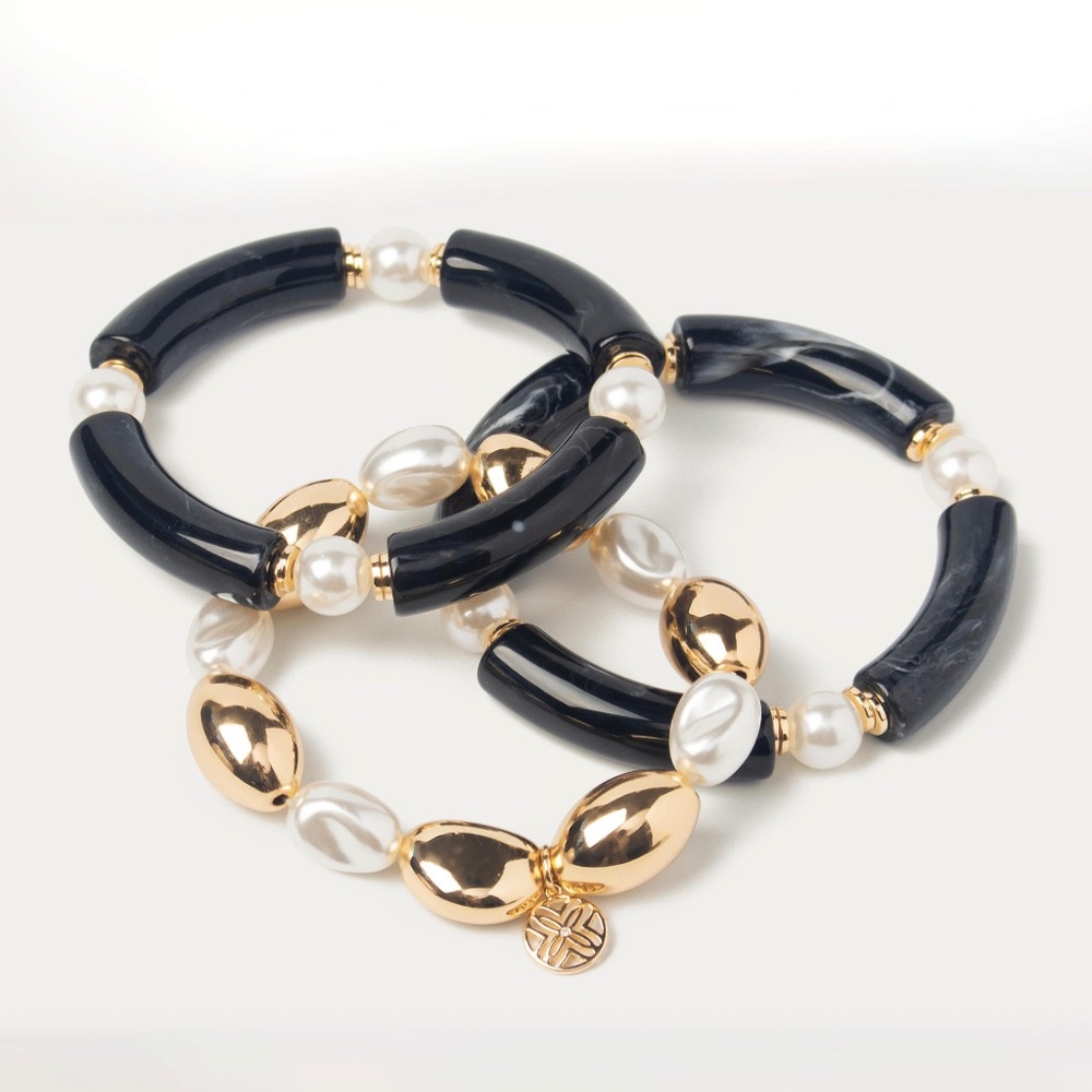 Lilly Pulitzer Sunset Shadows Stretch Bracelet Set Black Gold Pearl